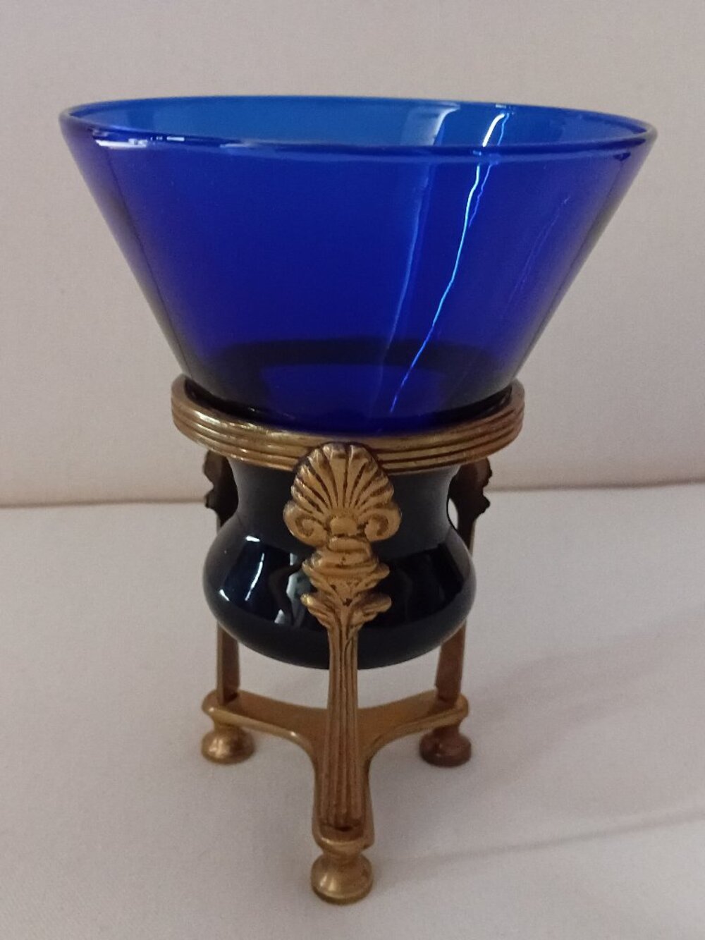 Vintage Cobalt Blue Glass Vase/Candle Holder In A Solid Brass Tripod Stand